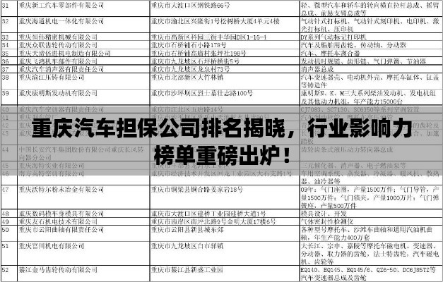 重庆汽车担保公司排名揭晓,行业影响力榜单重磅出炉!